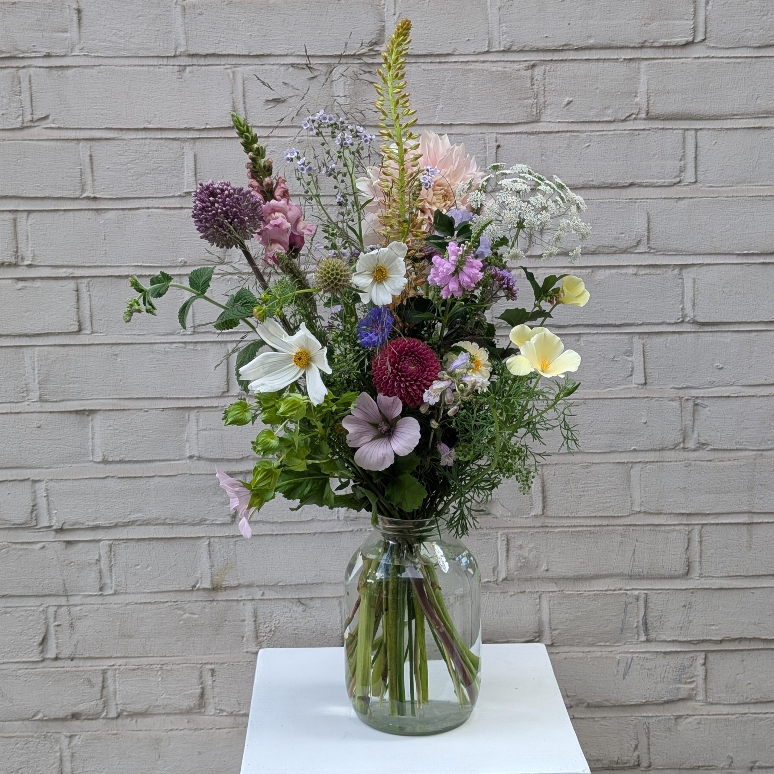A soft, seasonal bouquet of British summer flowers in gentle tones of blush, lemon, lilac, and cream. Featuring cafe-au-lait dahlias, cosmos, scabious, pincushion flower, and delicate grasses, wrapped in a clear glass vase against a plain white brick wall