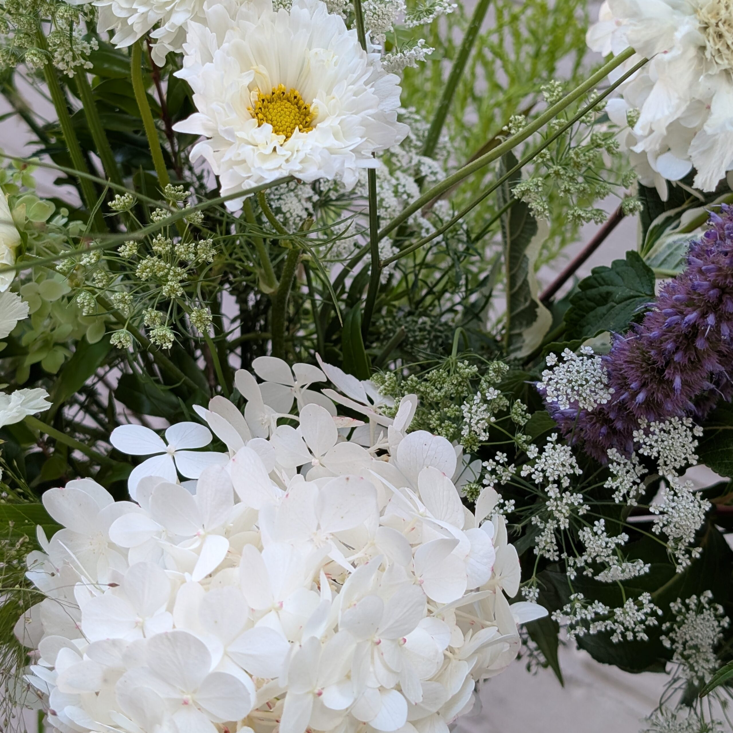 White and green summer bouquet close up